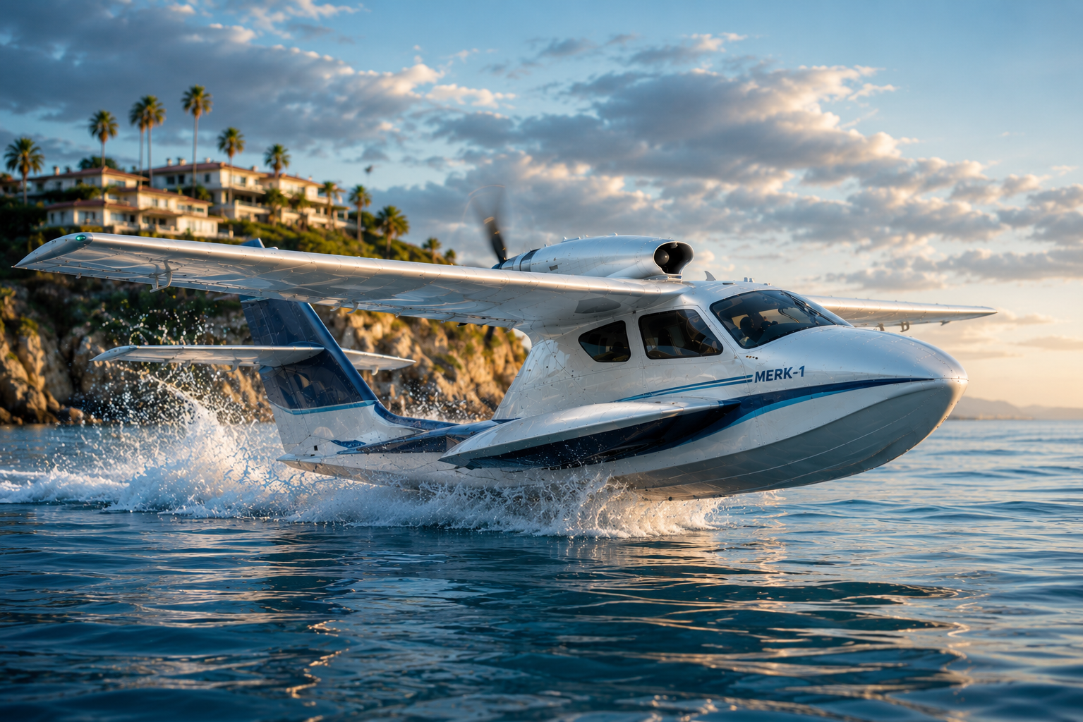 Simplify Aviation Marlin resting on a quiet alpine lake at dawn